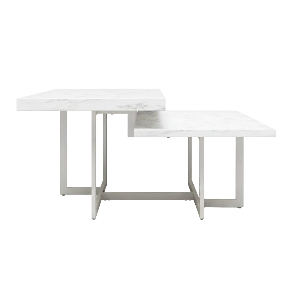 square marble look coffee table featuring lower storage platform and metal support frame