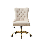 beige velvet accent office chair with tufted backrest shown from front angle beside workspace desk