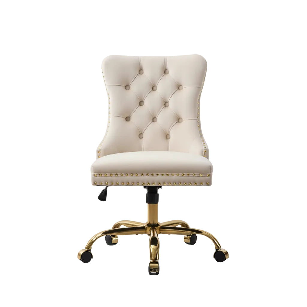 beige velvet accent office chair with tufted backrest shown from front angle beside workspace desk