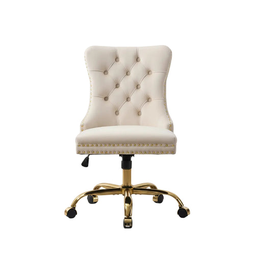 beige velvet accent office chair with tufted backrest shown from front angle beside workspace desk