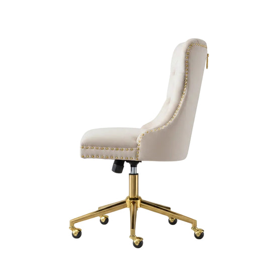 beige velvet tufted office chair shown in full front view with swivel base
