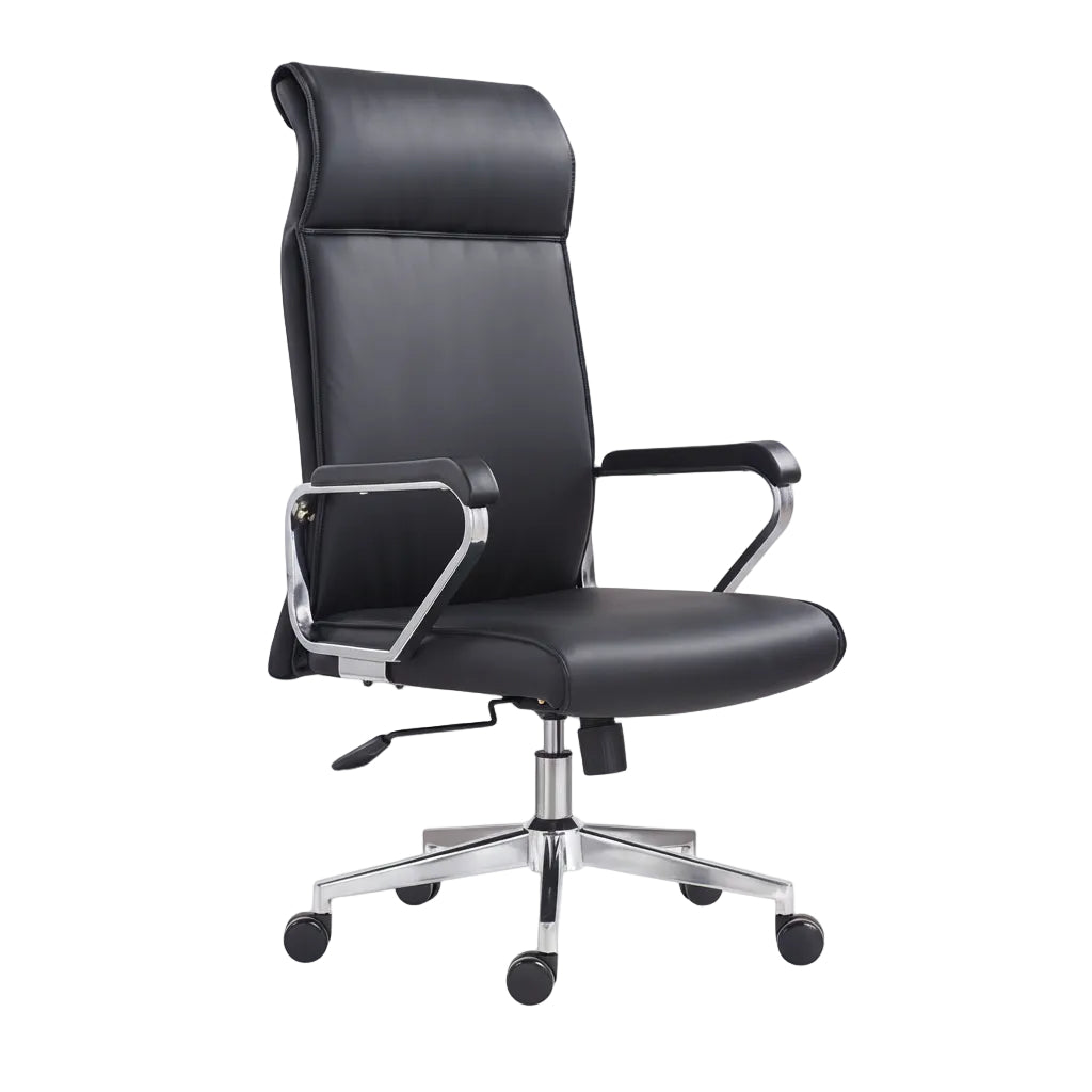 black leather office computer chair shown in full front view with swivel base