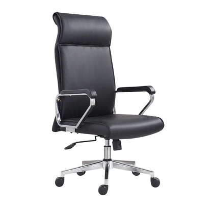 black leather office computer chair shown in full front view with swivel base