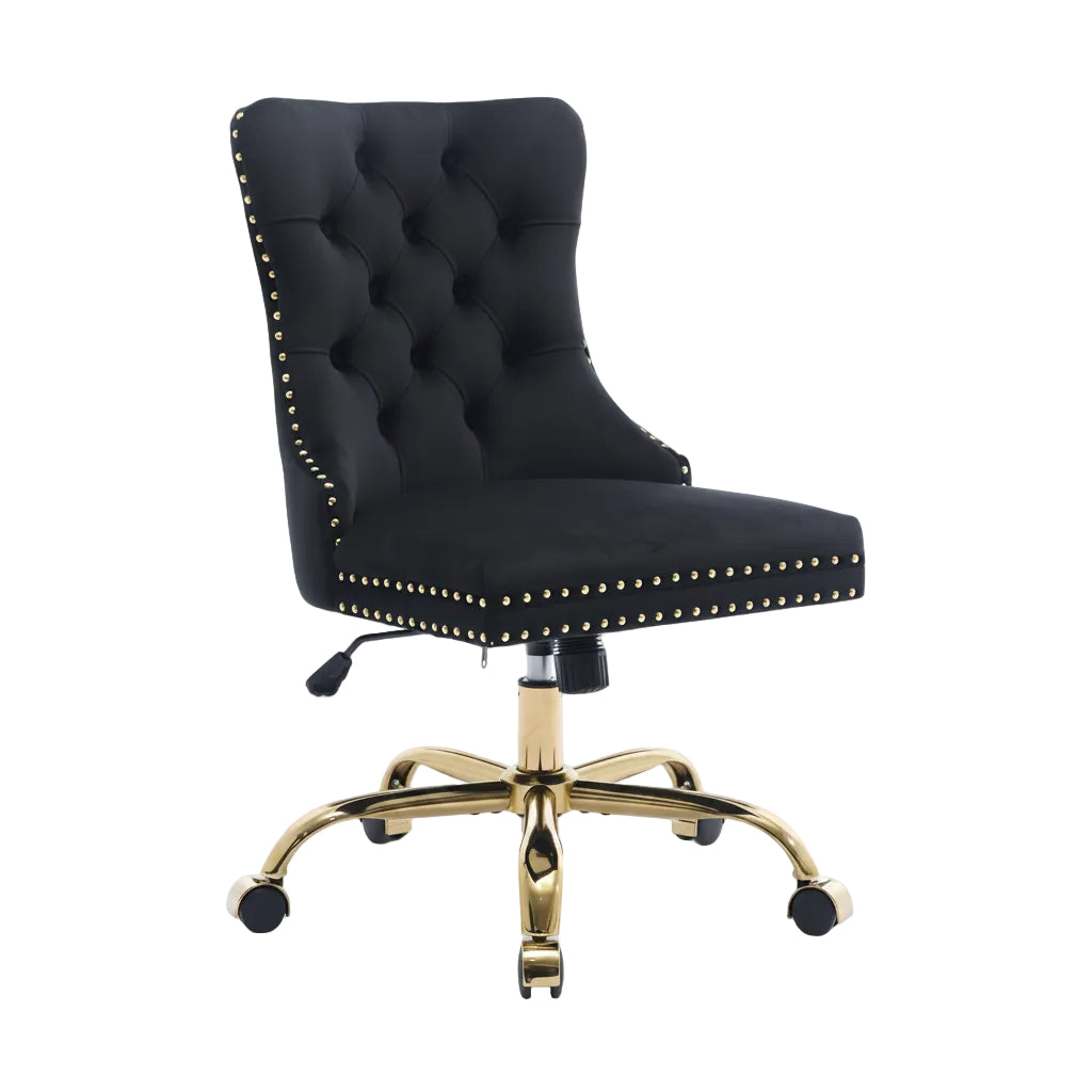 side profile of black velvet office chair featuring decorative nailhead trim and padded seating