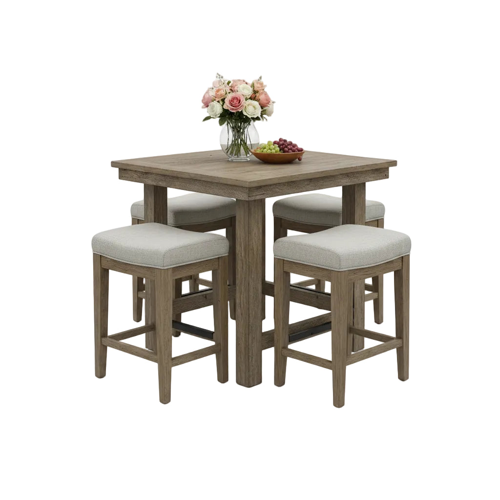 brown 5 piece bar height dining table set with four matching chairs shown from front angle in dining area