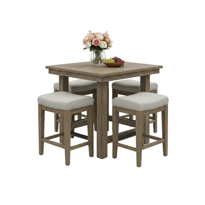 brown 5 piece bar height dining table set with four matching chairs shown from front angle in dining area