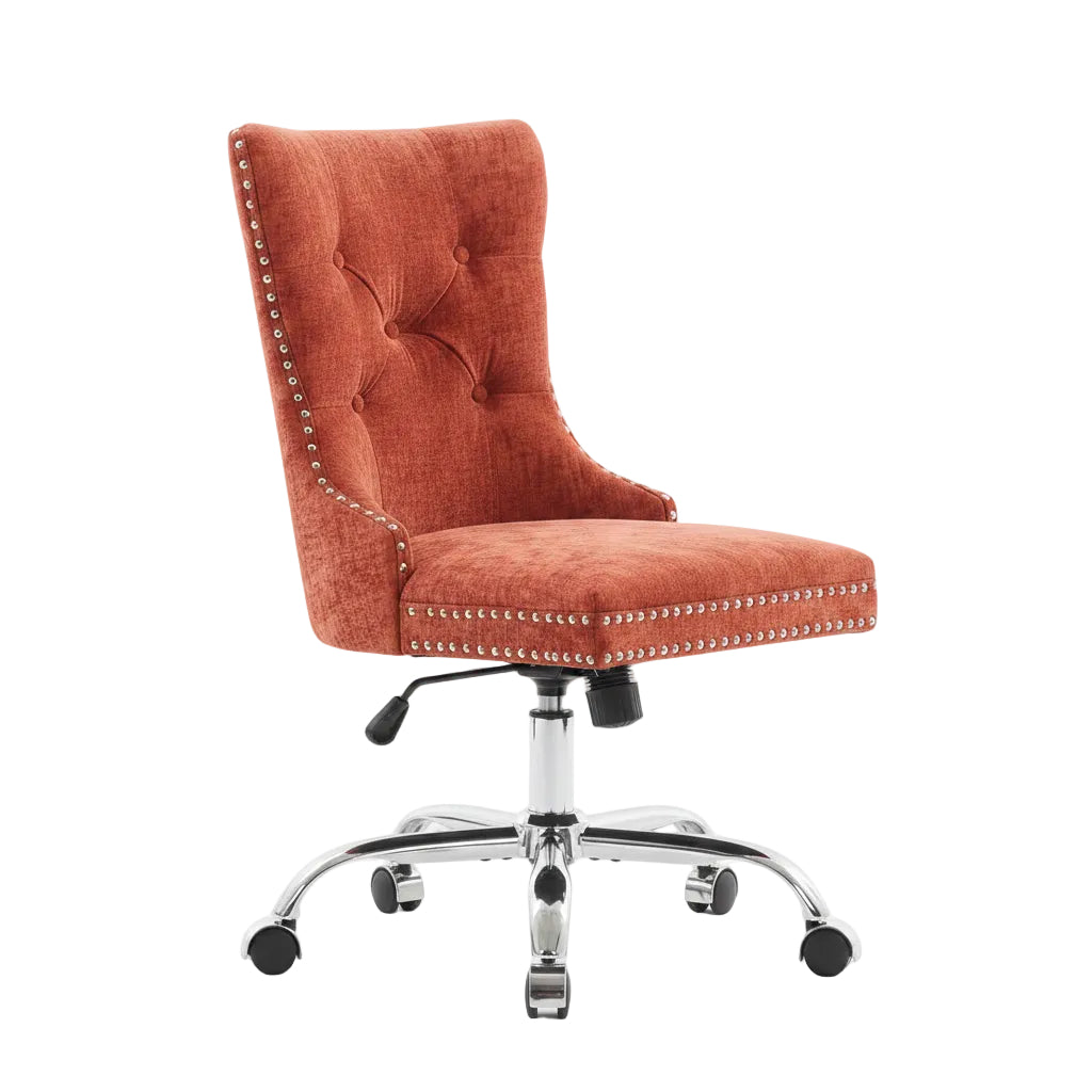 side view of orange chenille office chair with adjustable seat height