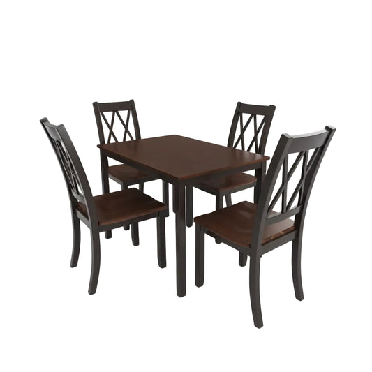 espresso and black rectangular dining table set with four matching slat back chairs in dining room