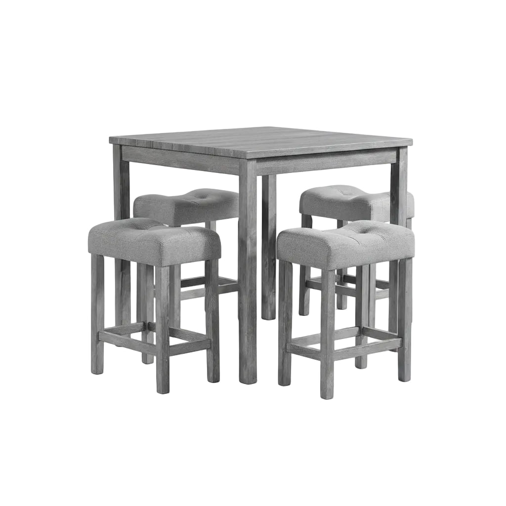 gray counter height dining table set with four upholstered fabric chairs shown from front angle in dining space