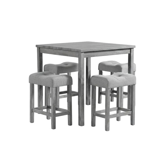 gray counter height dining table set with four upholstered fabric chairs shown from front angle in dining space