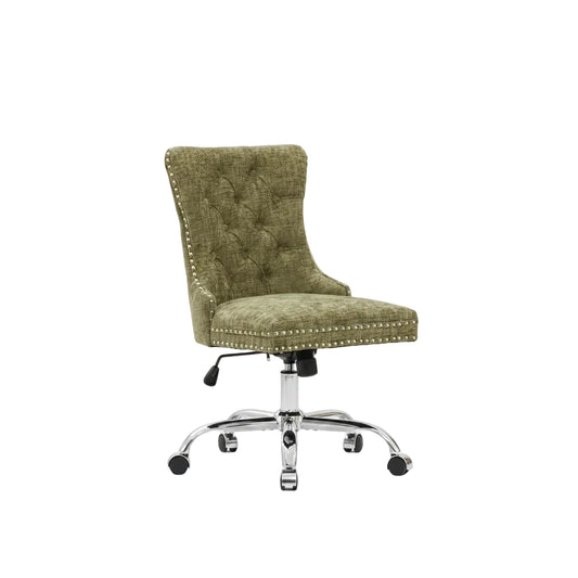 green chenille tufted office chair shown in full front view with swivel base