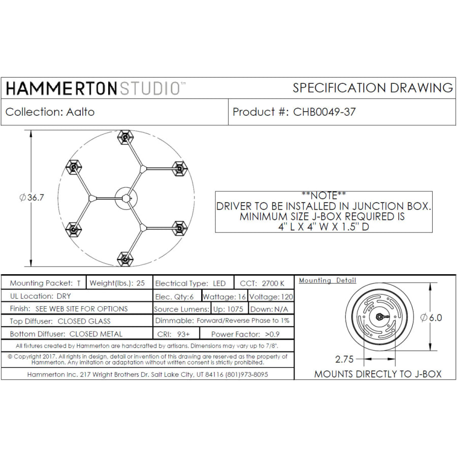 Hammerton Studio Aalto 37" Wide Artisan Crafted Geometric Optic Glass 6 Light Chandelier