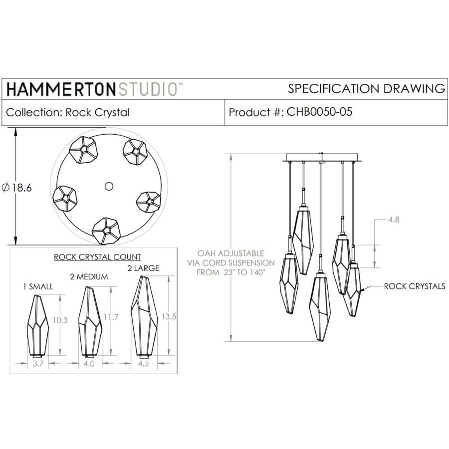Hammerton Studio Rock Crystal 18" Wide 5 Light Hand Blown Glass Linear LED Pendant