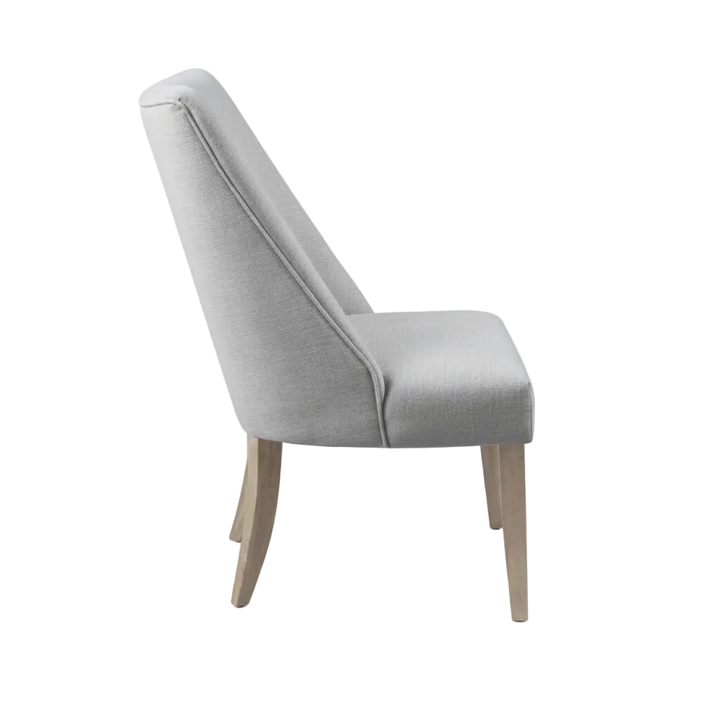 high back light grey dining chairs with polyester fabric upholstery and foam padded seating