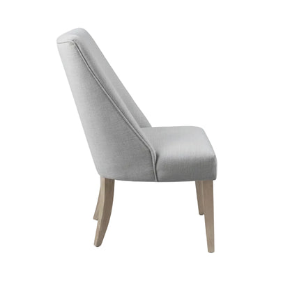 high back light grey dining chairs with polyester fabric upholstery and foam padded seating