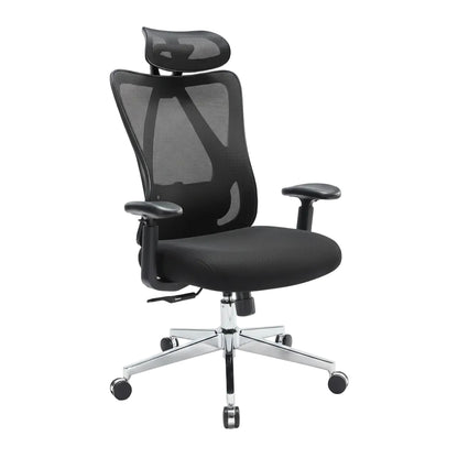 high back mesh office chair shown in full front view with swivel base