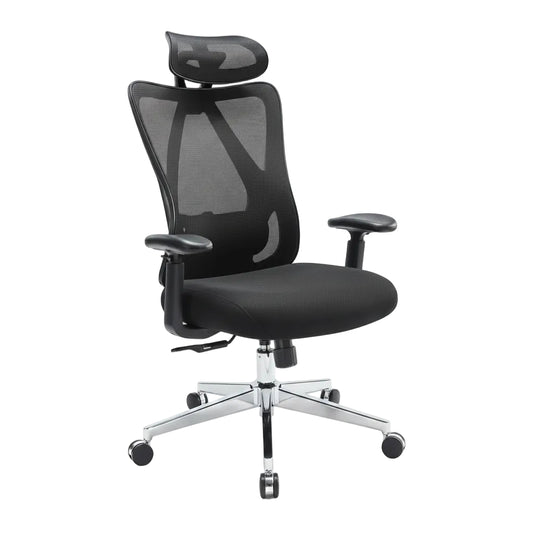high back mesh office chair shown in full front view with swivel base
