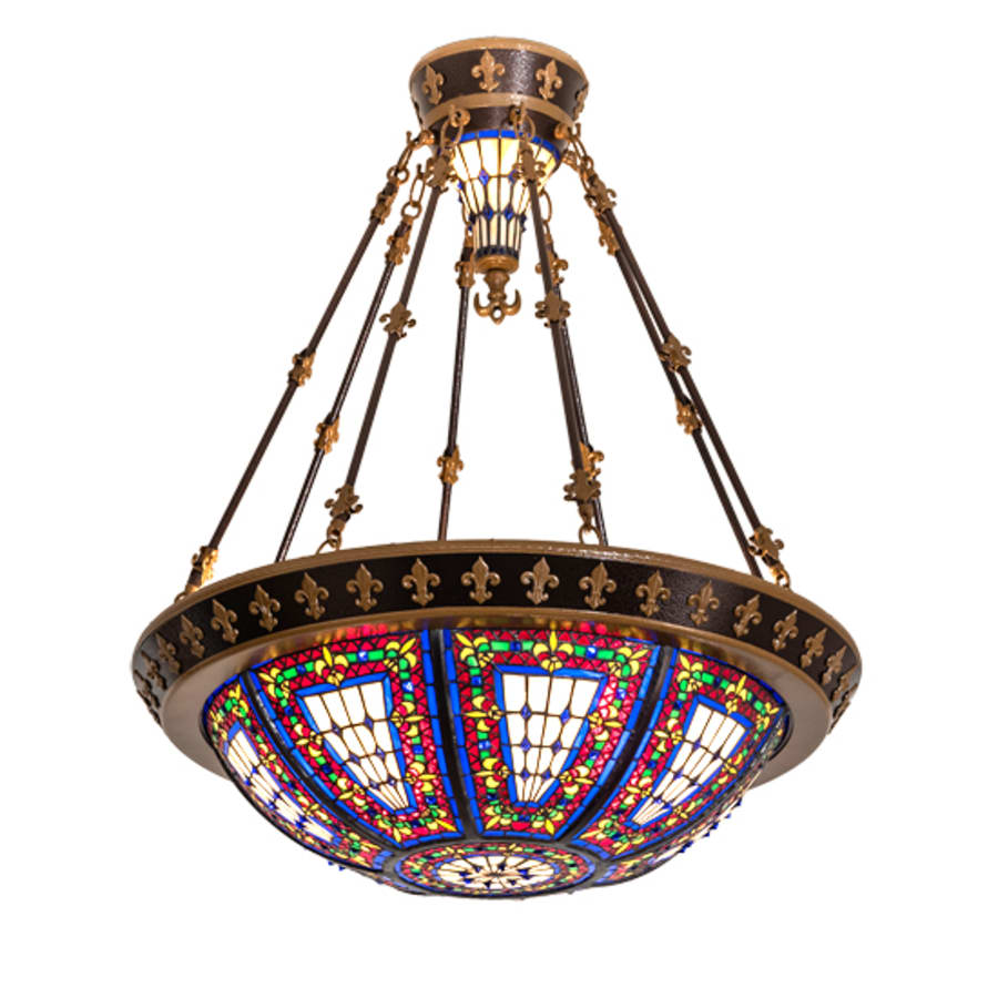 Meyda Tiffany Fleur-de-lis 4 Light 28" Wide Semi-Flush Stained Glass Bowl Ceiling Fixture - Copper Vein Bake / Nu Gold Finish