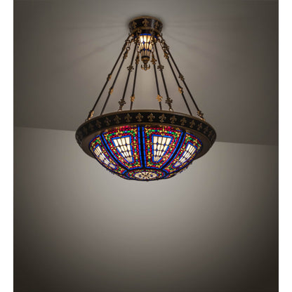 Meyda Tiffany Fleur-de-lis 4 Light 28" Wide Semi-Flush Stained Glass Bowl Ceiling Fixture - Copper Vein Bake / Nu Gold Finish