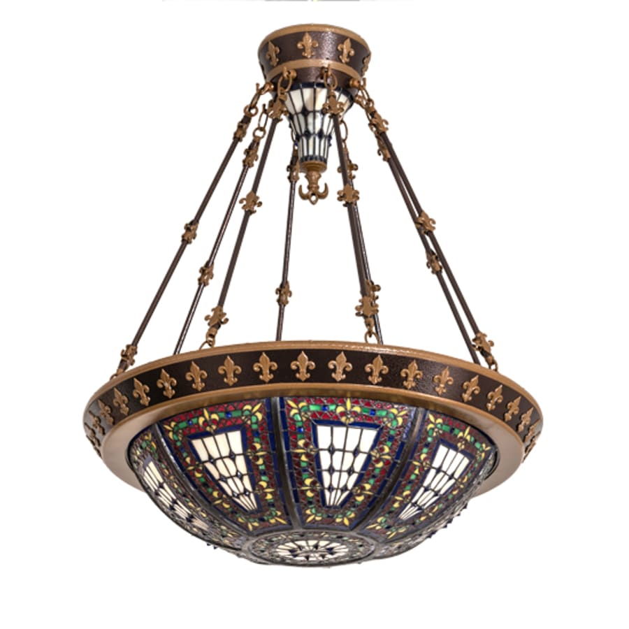 Meyda Tiffany Fleur-de-lis 4 Light 28" Wide Semi-Flush Stained Glass Bowl Ceiling Fixture - Copper Vein Bake / Nu Gold Finish