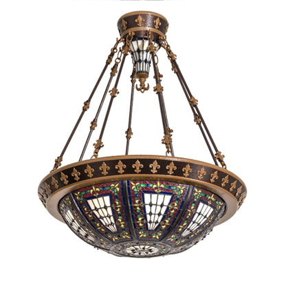 Meyda Tiffany Fleur-de-lis 4 Light 28" Wide Semi-Flush Stained Glass Bowl Ceiling Fixture - Copper Vein Bake / Nu Gold Finish