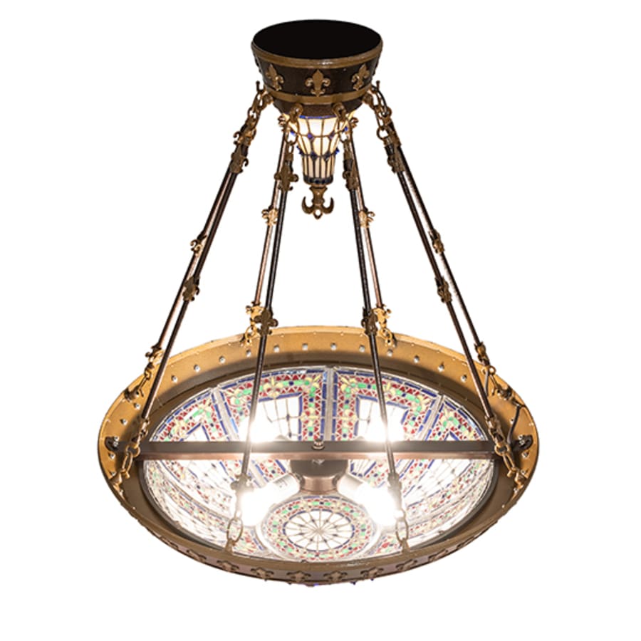Meyda Tiffany Fleur-de-lis 4 Light 28" Wide Semi-Flush Stained Glass Bowl Ceiling Fixture - Copper Vein Bake / Nu Gold Finish