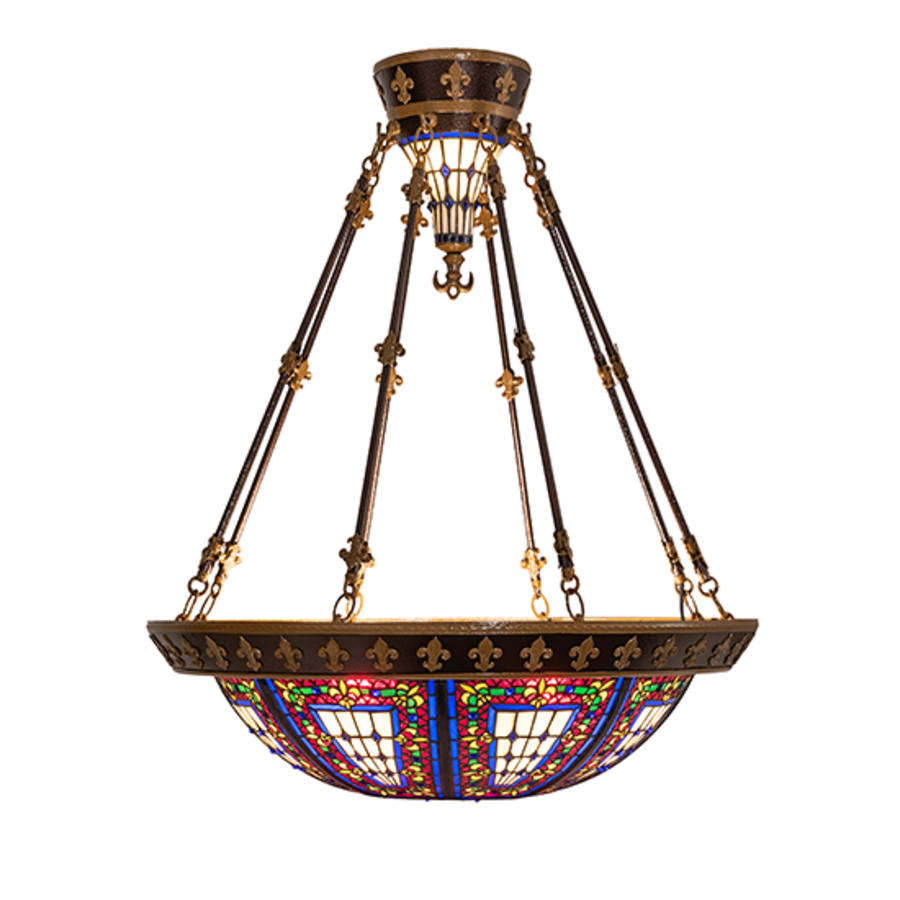 Meyda Tiffany Fleur-de-lis 4 Light 28" Wide Semi-Flush Stained Glass Bowl Ceiling Fixture - Copper Vein Bake / Nu Gold Finish