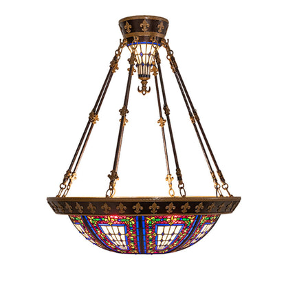 Meyda Tiffany Fleur-de-lis 4 Light 28" Wide Semi-Flush Stained Glass Bowl Ceiling Fixture - Copper Vein Bake / Nu Gold Finish
