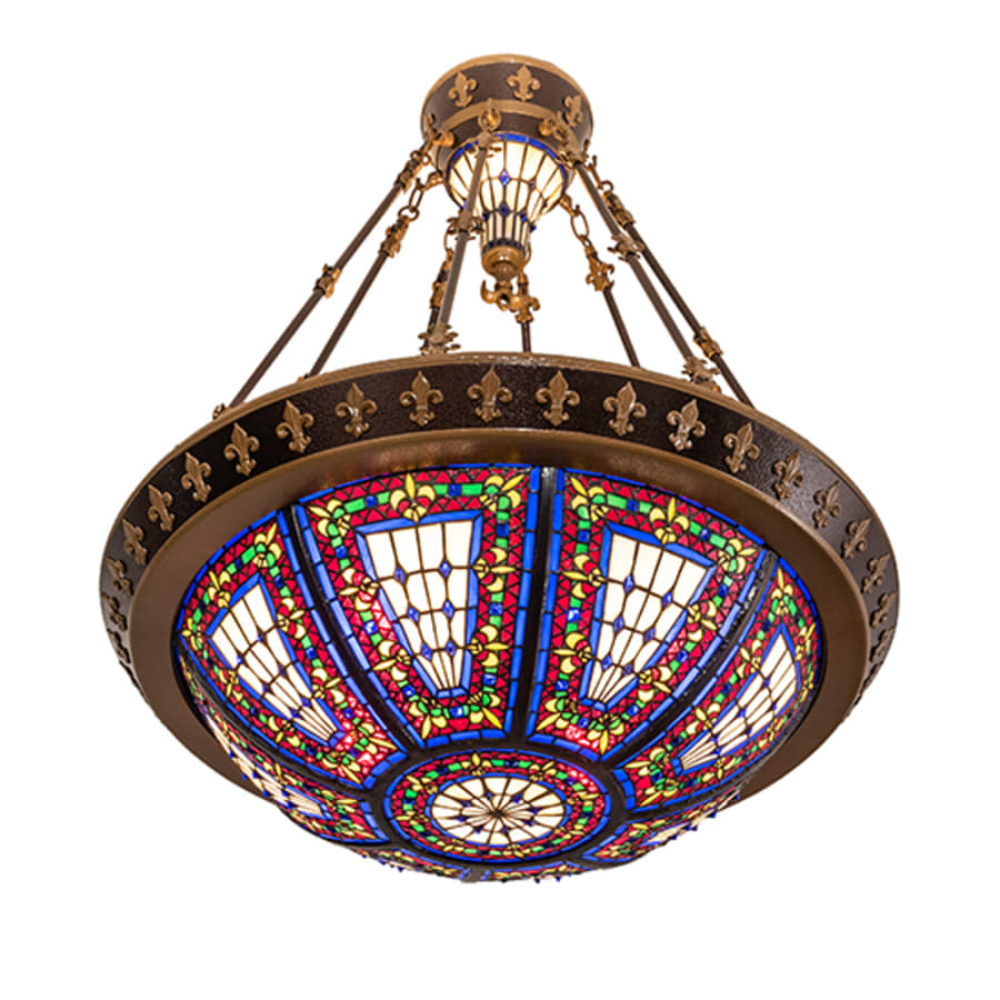Meyda Tiffany Fleur-de-lis 4 Light 28" Wide Semi-Flush Stained Glass Bowl Ceiling Fixture - Copper Vein Bake / Nu Gold Finish