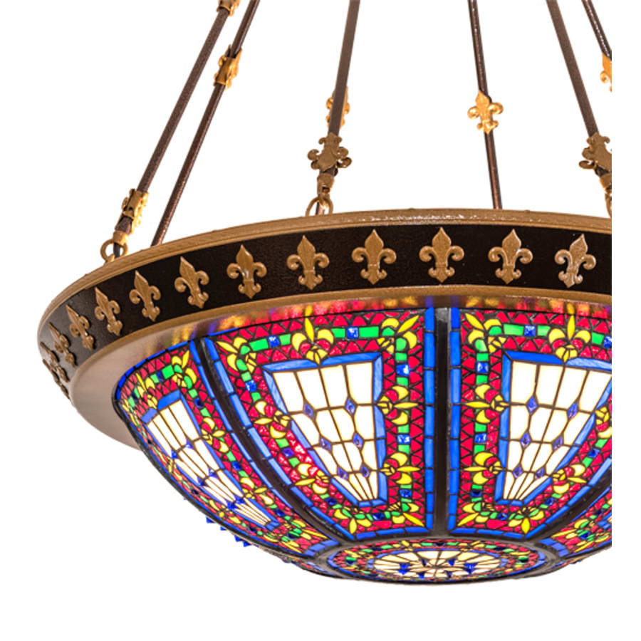 Meyda Tiffany Fleur-de-lis 4 Light 28" Wide Semi-Flush Stained Glass Bowl Ceiling Fixture - Copper Vein Bake / Nu Gold Finish