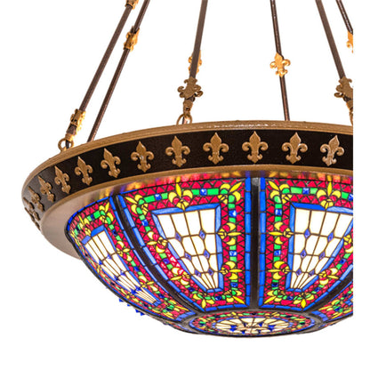 Meyda Tiffany Fleur-de-lis 4 Light 28" Wide Semi-Flush Stained Glass Bowl Ceiling Fixture - Copper Vein Bake / Nu Gold Finish