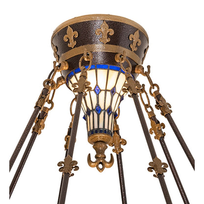 Meyda Tiffany Fleur-de-lis 4 Light 28" Wide Semi-Flush Stained Glass Bowl Ceiling Fixture - Copper Vein Bake / Nu Gold Finish