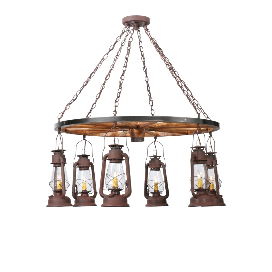 Meyda Tiffany 40" W Miners Lantern Wagon Wheel 6 Light Chandelier