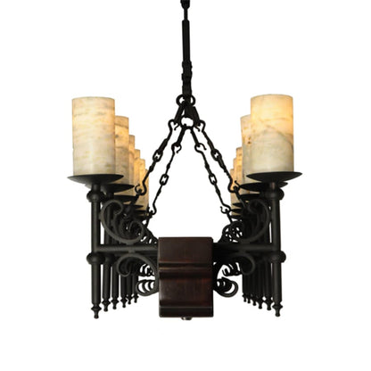 Meyda Tiffany Tudor 15 Light 60" Wide Pillar Candle Style Chandelier with Amber Jadestone Shades - Wrought Iron Finish