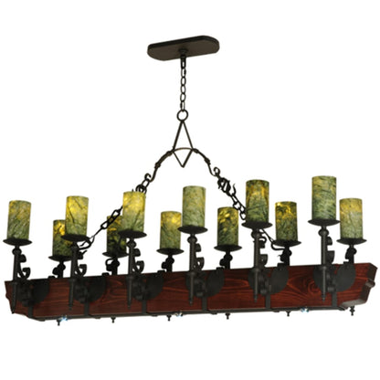 Meyda Tiffany Tudor 15 Light 60" Wide Pillar Candle Style Chandelier with Green Jadestone Shades- Wrought Iron Finish
