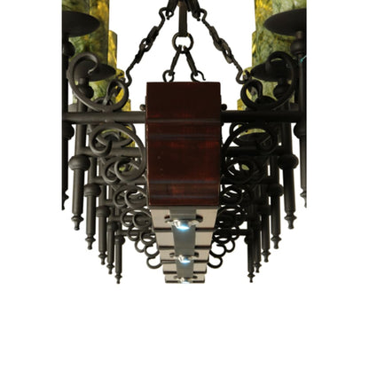 Meyda Tiffany Tudor 15 Light 60" Wide Pillar Candle Style Chandelier with Green Jadestone Shades- Wrought Iron Finish