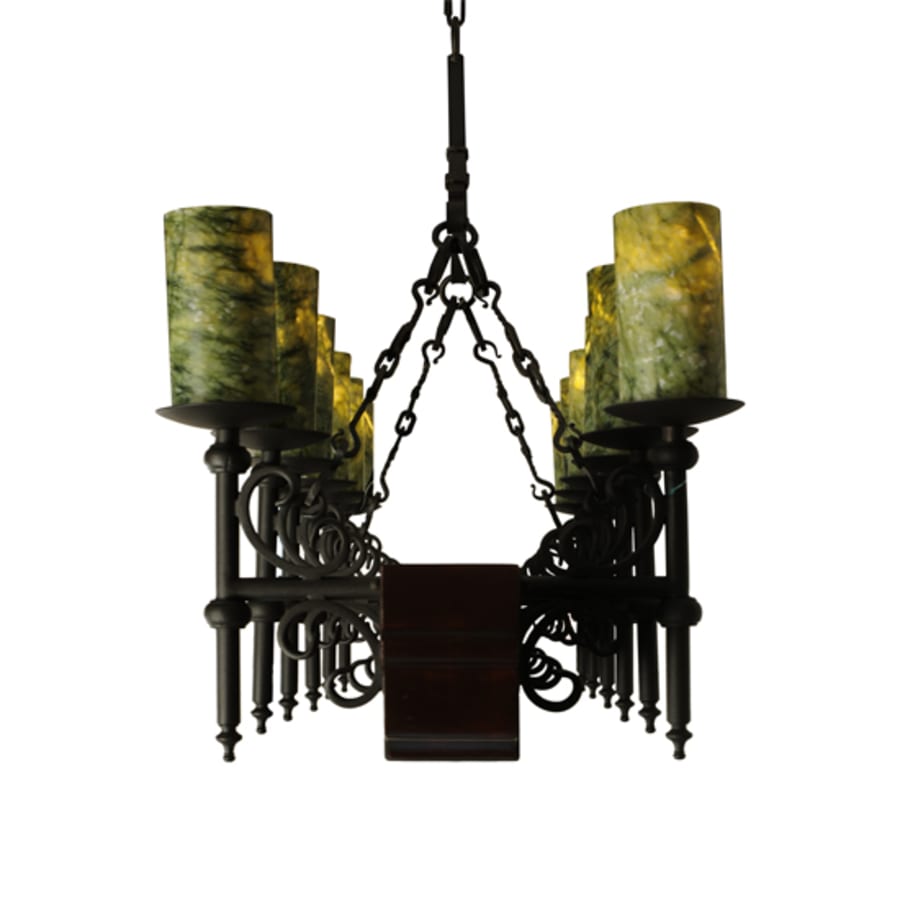 Meyda Tiffany Tudor 15 Light 60" Wide Pillar Candle Style Chandelier with Green Jadestone Shades- Wrought Iron Finish