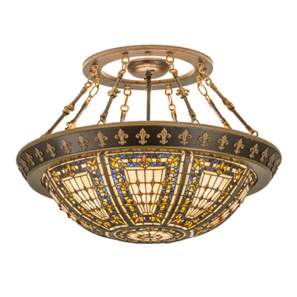 Meyda Tiffany Fleur-de-lis 4 Light 28" Wide Semi-Flush Bowl Ceiling Fixture - Copper Vein / Nu Gold Finish