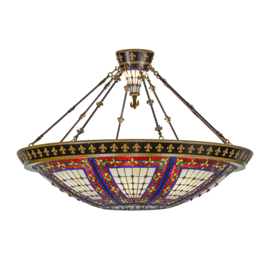 Meyda Tiffany Fleur-de-lis 8 Light 45" Wide Semi-Flush Colorful Stained Glass Bowl Ceiling Fixture - Copper Vein Finish