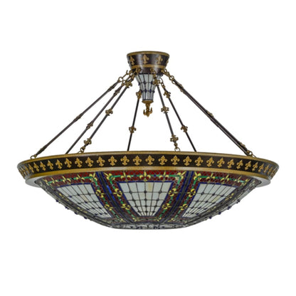 Meyda Tiffany Fleur-de-lis 8 Light 45" Wide Semi-Flush Colorful Stained Glass Bowl Ceiling Fixture - Copper Vein Finish