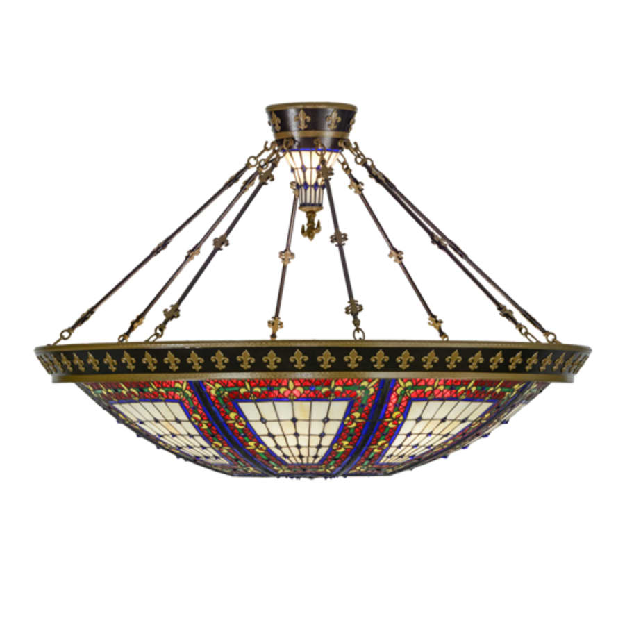 Meyda Tiffany Fleur-de-lis 8 Light 45" Wide Semi-Flush Colorful Stained Glass Bowl Ceiling Fixture - Copper Vein Finish