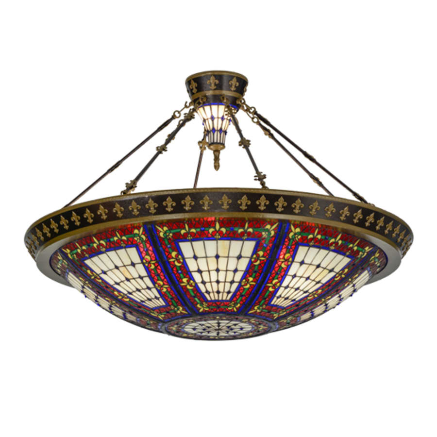 Meyda Tiffany Fleur-de-lis 8 Light 45" Wide Semi-Flush Colorful Stained Glass Bowl Ceiling Fixture - Copper Vein Finish