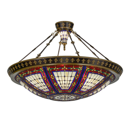 Meyda Tiffany Fleur-de-lis 8 Light 45" Wide Semi-Flush Colorful Stained Glass Bowl Ceiling Fixture - Copper Vein Finish
