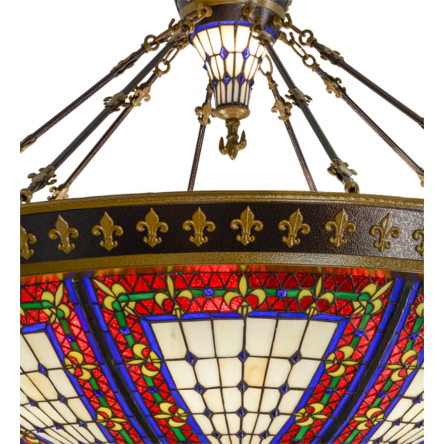 Meyda Tiffany Fleur-de-lis 8 Light 45" Wide Semi-Flush Colorful Stained Glass Bowl Ceiling Fixture - Copper Vein Finish