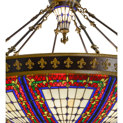 Meyda Tiffany Fleur-de-lis 8 Light 45" Wide Semi-Flush Colorful Stained Glass Bowl Ceiling Fixture - Copper Vein Finish