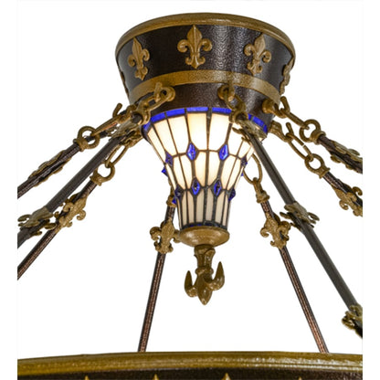 Meyda Tiffany Fleur-de-lis 8 Light 45" Wide Semi-Flush Colorful Stained Glass Bowl Ceiling Fixture - Copper Vein Finish