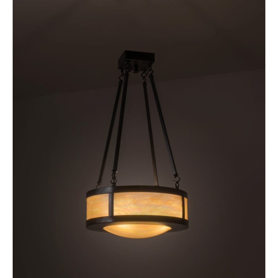 Meyda Tiffany Pomona 4 Light 18" Wide Semi-Flush Drum Ceiling Fixture with Iridized Glass Shade - Craftsman Brown Finish
