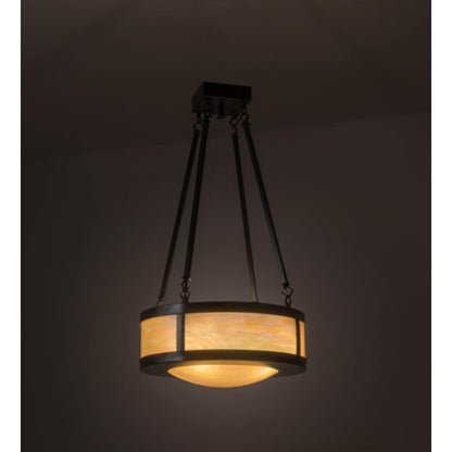Meyda Tiffany Pomona 4 Light 18" Wide Semi-Flush Drum Ceiling Fixture with Iridized Glass Shade - Craftsman Brown Finish