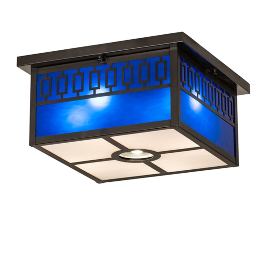 Meyda Tiffany Kungsholm 4 Light 26" Wide Flush Mount Square Ceiling Fixture with Blue Glass Shade - Craftsman Brown Finish
