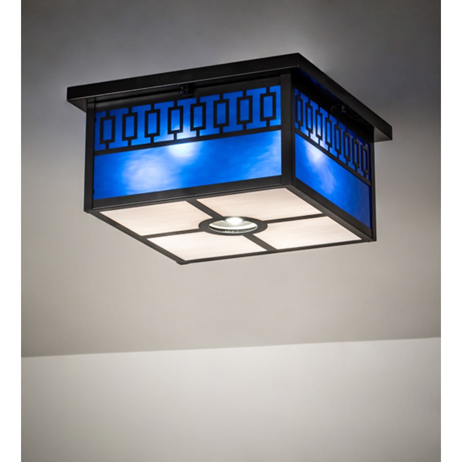 Meyda Tiffany Kungsholm 4 Light 26" Wide Flush Mount Square Ceiling Fixture with Blue Glass Shade - Craftsman Brown Finish